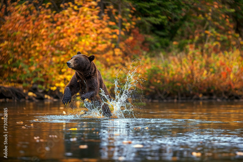 Grizzly bear splashing through autumn river, powerful predator in vibrant wilderness setting, dynamic wildlife action amidst colorful fall foliage photo