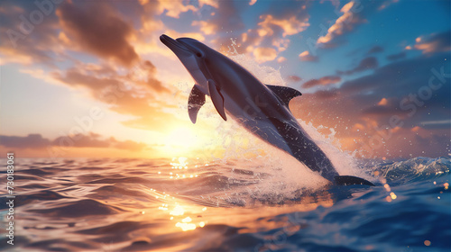 dolphin jumping out of water in the open sea at sunset