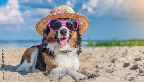 Funny dog in a hat and sunglasses lies on the sand on the beach on a sunny summer day. Recreation and vacation concept.