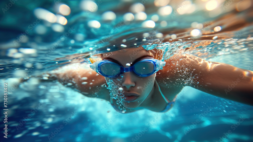 Naklejka premium Sports, underwater or woman in swimming pool for competition training, workout or energy. Fitness, female swimmer and fast athlete diving for cardio exercise, championship and race practice at gala.