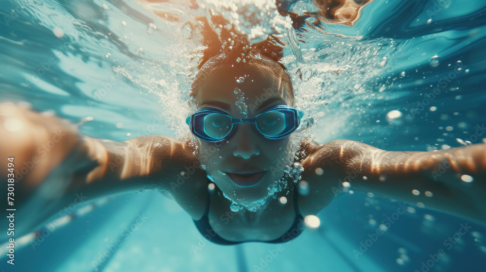 Naklejka premium Sports, underwater or woman in swimming pool for competition training, workout or energy. Fitness, female swimmer and fast athlete diving for cardio exercise, championship and race practice at gala.