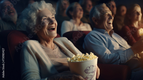 Seniors enjoying a movie night   sharing popcorn and creating cherished memories