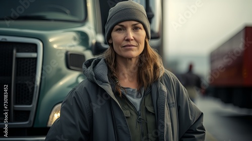 Portrait of a female truck driver looking at camera with her truck behind © Arianne