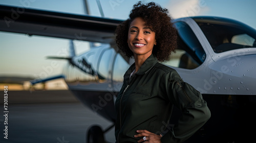 Black female small plane pilot with her small plane behind photo