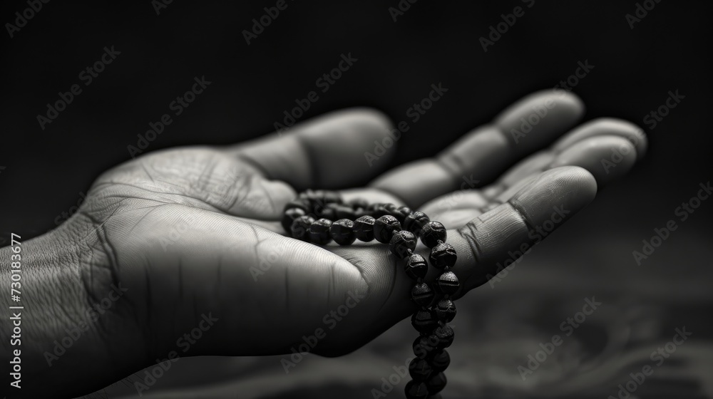 Weathered hands hold a crucifix rosary tightly, a profound symbol of faith and prayer. True to his religion. Hands holding a Rosary in prayer.