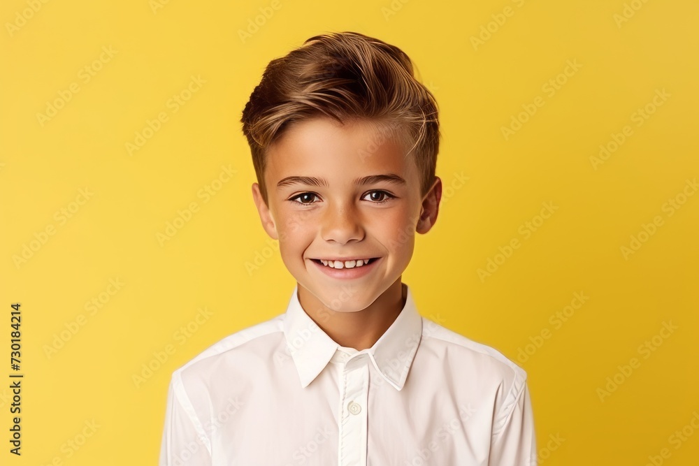 Portrait of a smiling little boy in a white shirt on a yellow background Portrait of a smiling little boy in a white shirt on a yellow background