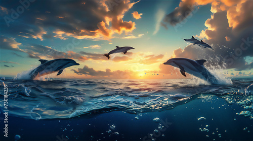dolphin jumping out of water in the open sea at sunset © Maizal