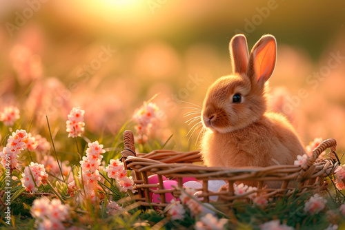 cute little easter bunny sitting in a basket with easter eggs In Flowery Meadow, golden hour, Happy Easter postcard with sweet little rabbit, easter celebration postcard