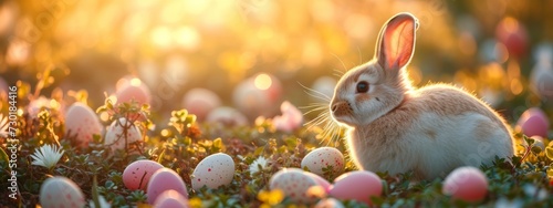 cute little easter bunny sitting near easter eggs In Flowery Meadow, golden hour, sun is shining, banner image