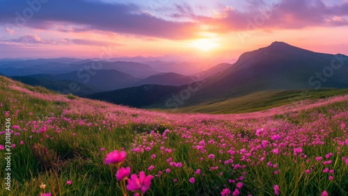 The magical pink flowers of rhododendrons at sunset in the mountainous area and the perfect beauty of nature. Seamless looping 4k time-lapse virtual video animation background  Generated with Al
 photo