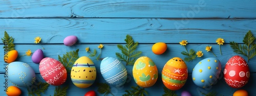 colorful easter eggs on wooden blue background decorated with flowers, Happy Easter banner with copyspace, top view
