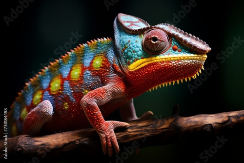 Beautiful multicolored chameleon on a branch. Generative AI.