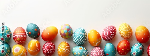 colorful easter eggs on white studio background, banner with copyspace, top view © Anastasia YU