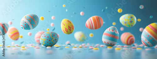 colorful easter eggs flying on pastel blue studio background, banner image