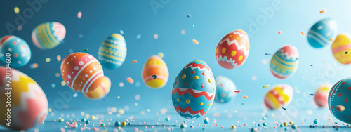 colorful easter eggs flying on pastel blue studio background, banner image