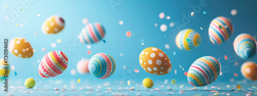 colorful easter eggs flying on pastel blue studio background, banner image