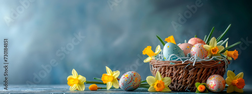 colorful easter eggs in a basket with daffodils on pastel blue background, banner with copyspace, front view