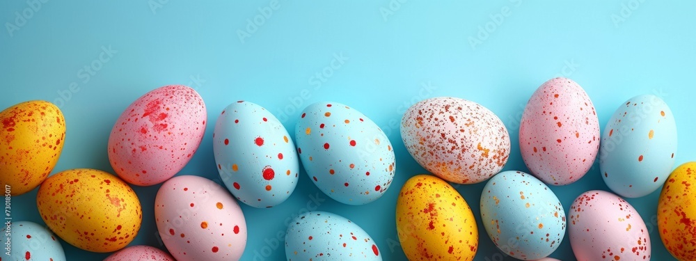 colorful easter eggs on pastel blue studio background, banner with copyspace, top view colorful easter eggs on pastel blue studio background, banner with copyspace, top view