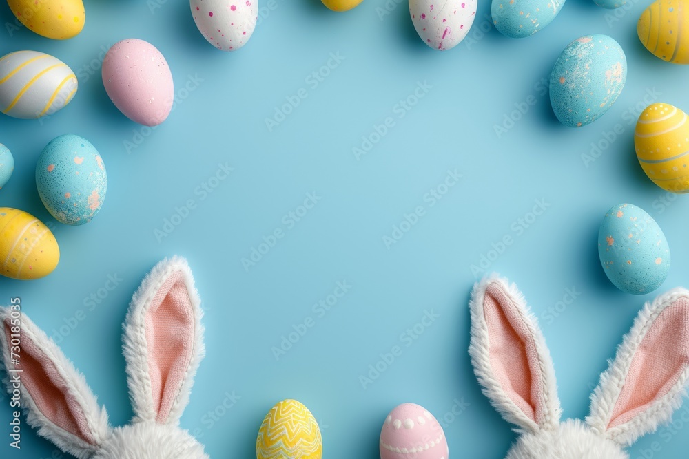 pastel color easter eggs with cute toy bunny ears on pastel blue studio background, Happy Easter postcard with colorful eggs, easter celebration postcard, copyspace, top view