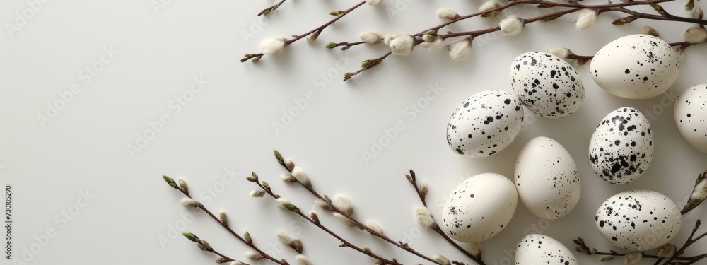 white easter eggs with black decoration and willow branches on a white studio background, Happy Easter banner with minimalistic decoration, easter celebration banner, copyspace, top view