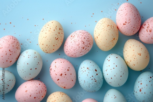 pastel color easter eggs on pastel blue studio background, top view