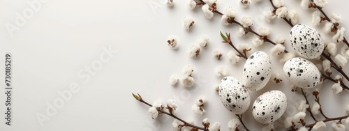 white easter eggs with black decoration and willow branches on a white studio background, Happy Easter banner with minimalistic decoration, easter celebration banner, copyspace, top view