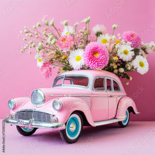 Still life concept with pink retro car with flowers on pink background