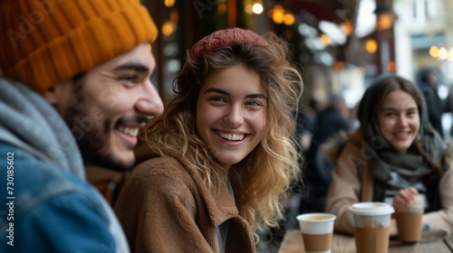 Fashionable coffee lovers revel in caf     culture  showcasing their smiles for the lens