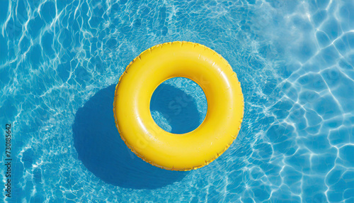 yellow swimming pool ring float in blue water. concept summer background, top view with copyspace photo