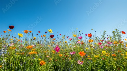 A vibrant meadow dotted with wildflowers against a clear blue sky celebrates the arrival of spring