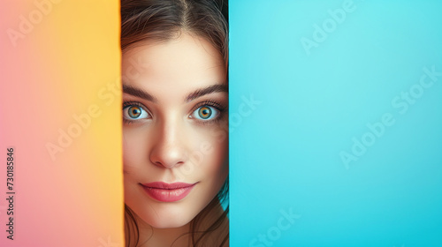 Creative portrait of young woman with colorful pastel background. Copy space for text. © Andrii