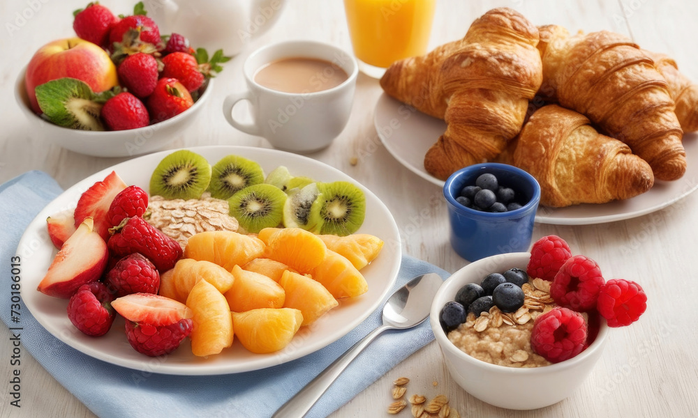 Healthy morning breakfast is on table. Top view. Oatmeal, fruit, Victoria, natural juice, blueberries, croissants. Colorful photography. Healthy morning breakfast is on table. Top view. Oatmeal, fruit, Victoria, natural juice, blueberries, croissants. Colorful photography.