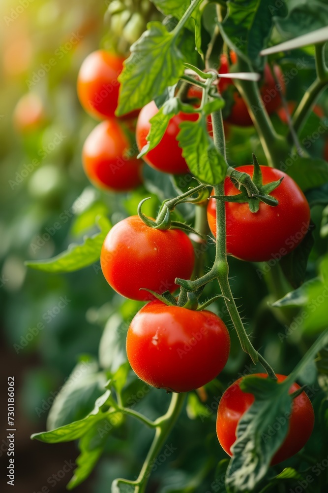 Vibrant red tomatoes hanging from lush, green vines, promising a delicious harvest