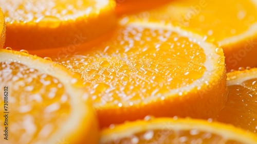 Vibrant orange slices glisten with dew, capturing the essence of freshness. large copyspace area