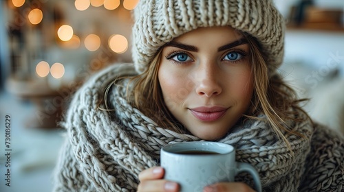 Beautiful woman in hat, scarf and cozy knitted plaid holds cup with hot drink in living room at home. Cold temperature in the apartment at winter