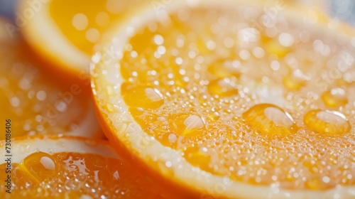 Vibrant orange slices glisten with dew, capturing the essence of freshness. large copyspace area