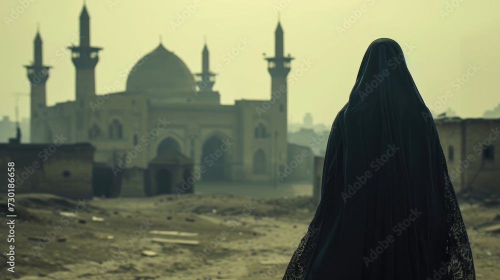 A Muslim woman in a niqab walking towards a big mosque, her figure silhouetted against the evening sky, back view A Muslim woman in a niqab walking towards a big mosque, her figure silhouetted against the evening sky, back view