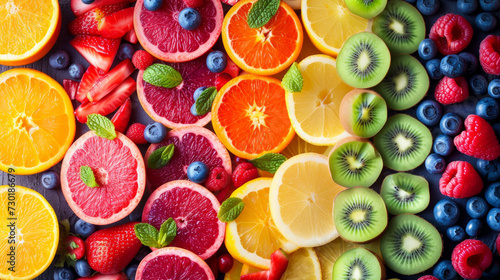 Healthy food. Various vibrant color fruits , top view, creative flat layout. Frame of different fruits. Colourful vegetables and fruits still life. composition with different fruits and berries