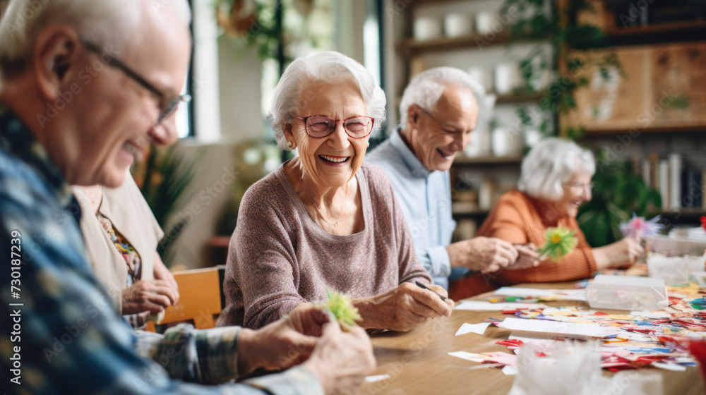 Card-making joy: seniors crafting artistic creations, surrounded by laughter Card-making joy: seniors crafting artistic creations, surrounded by laughter