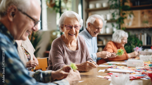Card-making joy: seniors crafting artistic creations,  surrounded by laughter photo