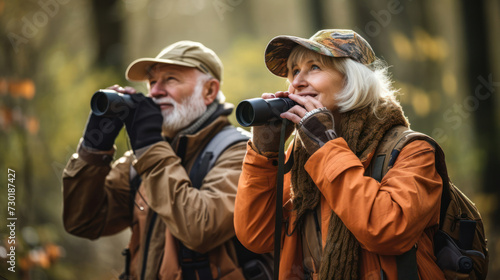 Birdwatching buddies: seniors with binoculars, spotting feathered friends together