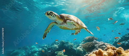 Underwater photography of adorable sea turtle and swimming fish  capturing aquatic wildlife.