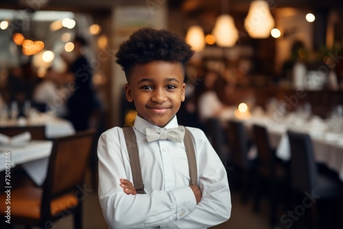 happy african american child boy waiter in restaurant, cafe or bar