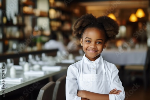 happy african american child girl waiter in restaurant, cafe or bar