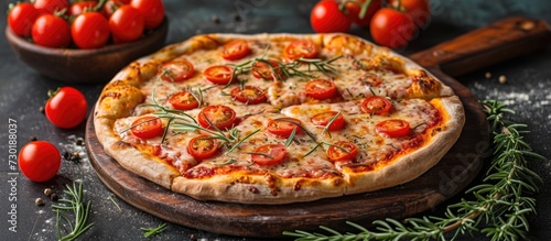 A mouthwatering pizza on a wooden board with cherry tomatoes and rosemary sprigs and a bowl of cherry tomatoes.