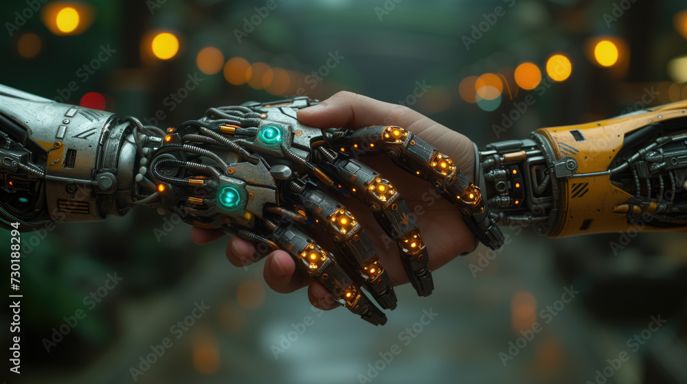 Hands of robot and robot touching on big data network connection, Data exchange, deep learning, Science and artificial intelligence technology, innovation of futuristic.