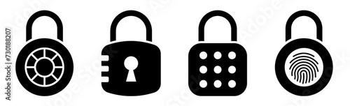 Lock icon collection. Different locks icon. Combination lock or padlock. Flat security symbol. Vector illustration.