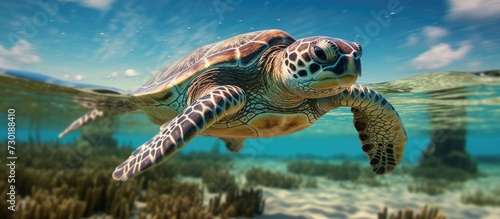 Green sea turtle swimming in the ocean.
