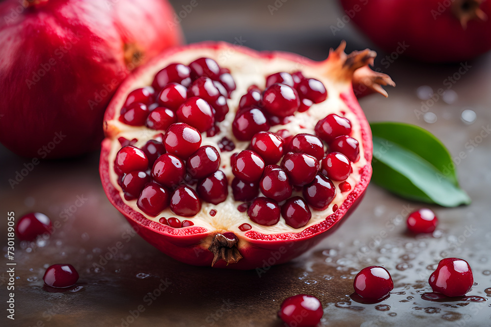 Fresh pomegranate with raindrops. Natural fruits, Tasty and healthy organic food. Playground AI platform. Fresh pomegranate with raindrops. Natural fruits, Tasty and healthy organic food. Playground AI platform.