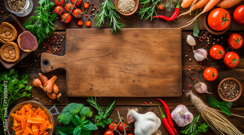 Food cooking background, ingredients for preparation vegan dishes, vegetables, roots, spices and herbs. Old cutting board. Healthy food concept. Rustic wooden table background, top view
